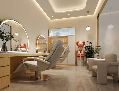 Modern Beauty Hair Salon Interior With Curved Mirrors Comfortable Gray Chairs Wooden Vanities And Plants 3d model