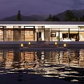 Modern Detached Villa With Mountain View Lakefront Large Glass Windows And Water Reflection