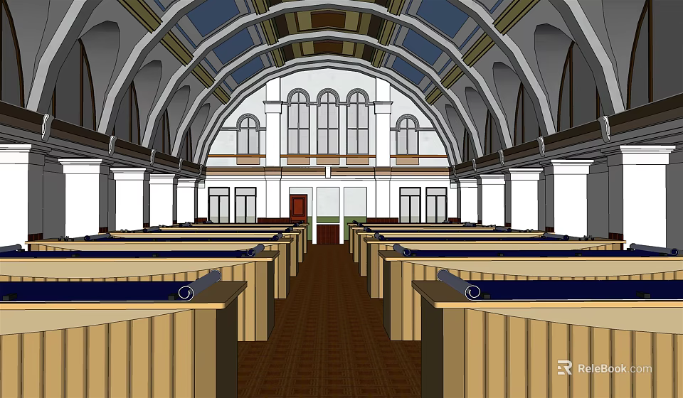 Spacious Public Office Space With Arched Ceiling Large Windows And Wooden Desks 3d model 