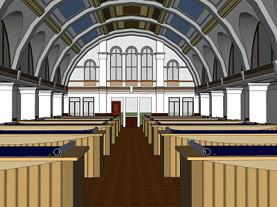 Spacious Public Office Space With Arched Ceiling Large Windows And Wooden Desks 3d model