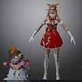 Festive Female Character In Red Dress With Antlers And Snowman Doll Decor