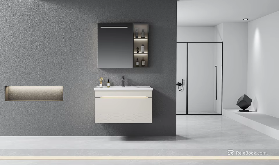 Modern Hotel Bathroom with Gray Wall Mirror Cabinet and Shower Enclosure 3d model 