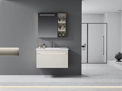 Modern Hotel Bathroom with Gray Wall Mirror Cabinet and Shower Enclosure 3d model