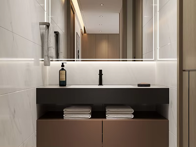 Modern Minimalist Bathroom Interior With White Marble Walls Vanity Black Faucet And Folded Towels 3d model
