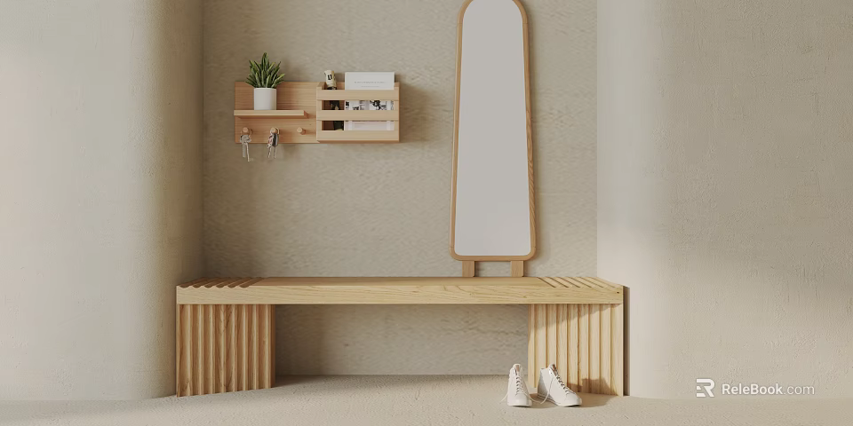 Wooden Sofa Bench in Entryway with Wall Shelf Mirror Potted Plant and White Shoes 3d model 