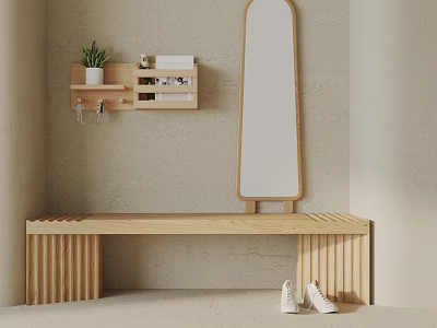 Wooden Sofa Bench in Entryway with Wall Shelf Mirror Potted Plant and White Shoes 3d model
