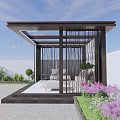 Modern Glass Roofed Outdoor Pavilion With Sofa Coffee Table And Green Plants