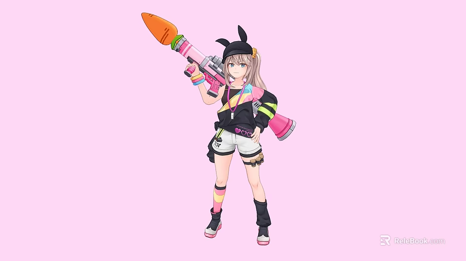 Woman With Rabbit Ears Holding Carrot Weapon In Black Top White Shorts Against Pink Background 3d model 
