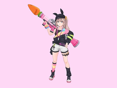 Woman With Rabbit Ears Holding Carrot Weapon In Black Top White Shorts Against Pink Background 3d model