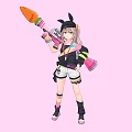 Woman With Rabbit Ears Holding Carrot Weapon In Black Top White Shorts Against Pink Background