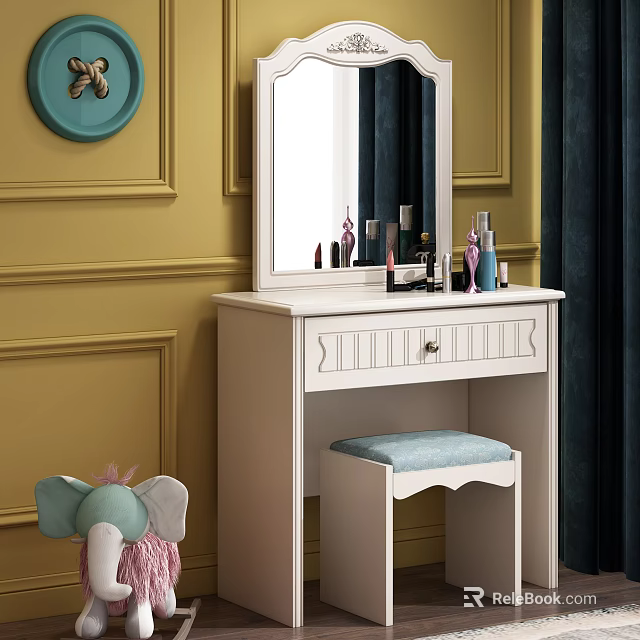 White Dressing Table with Mirror Blue Stool and Circular Decor on Yellow Wall 3d model 
