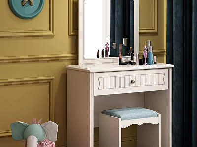 White Dressing Table with Mirror Blue Stool and Circular Decor on Yellow Wall 3d model