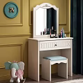 White Dressing Table with Mirror Blue Stool and Circular Decor on Yellow Wall 3d model