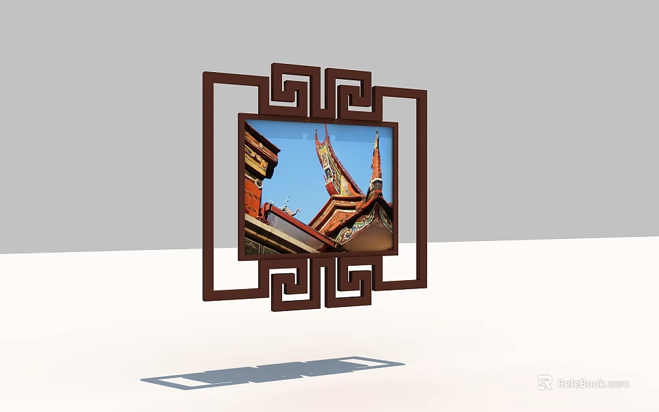 Wooden Photo Frame With Brown Chinese Interlocking Pattern Displaying Building Top Tower Red Roof 3d model 