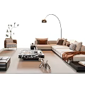 Modern L shaped Sofa and Coffee Table Set with Pillows Floor Lamp and Decor 3d model