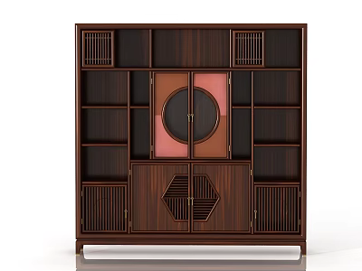 Dark Wood Chinese Style Decorative Cabinet With Lattice Panels And Geometric Shelves 3d model