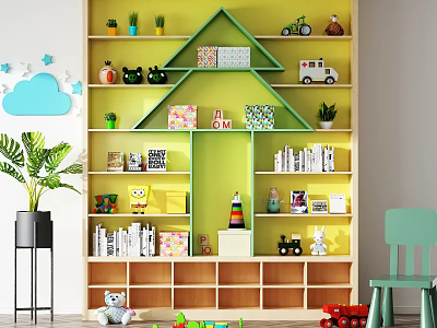 House Shaped Green And Yellow Bookcase With Toys Books And Potted Plants 3d model