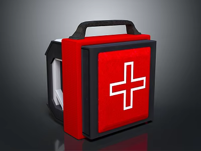 Red First Aid Kit Featuring White Cross Black Border And Portable Carry Handle 3d model