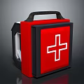 Red First Aid Kit Featuring White Cross Black Border And Portable Carry Handle