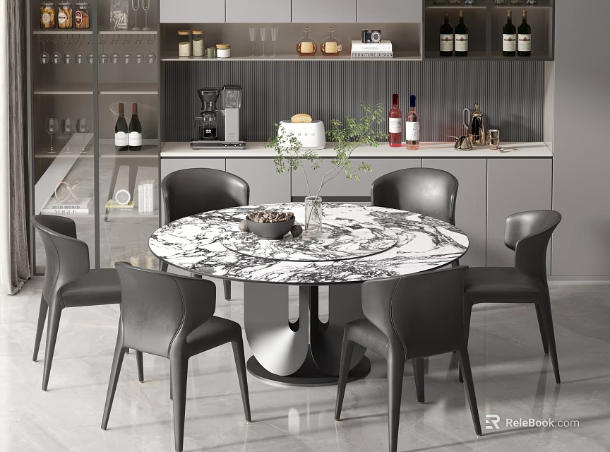Modern Dining Table Set With Round Marble Tabletop Black Chairs And Kitchen Cabinets 3d model 
