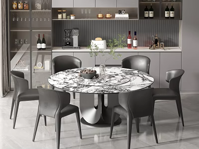 Modern Dining Table Set With Round Marble Tabletop Black Chairs And Kitchen Cabinets 3d model