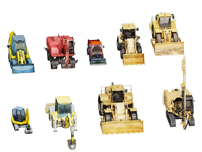 Various Types of Heavy Duty Utility Vehicles Including Bulldozers and Trucks 3d model