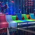 Neon Lit Stage With Colorful Panels And City Night View Background