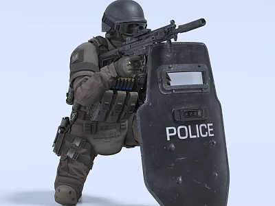 A Man in Police Tactical Gear Holding Rifle and Police Shield 3d model