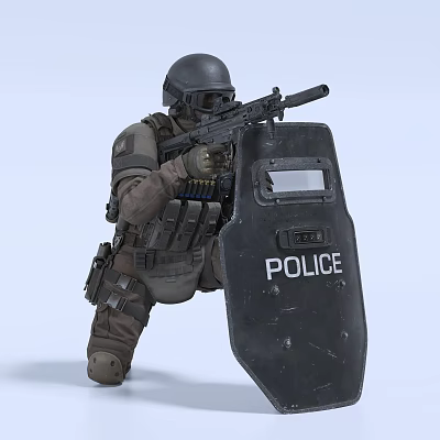 A Man in Police Tactical Gear Holding Rifle and Police Shield 3d model