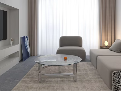 Modern Sofa Coffee Table Set With Light Gray Sofa Glass Table Armchair And Curtains 3d model