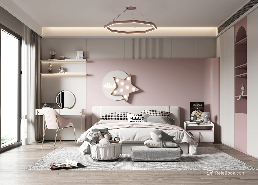 Stylish Kids Bedroom Interior With Pink Wall Star Decor Bed Desk Chair And Rug 3d model 