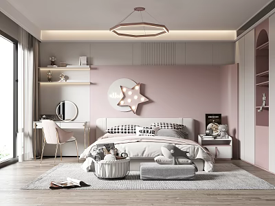 Stylish Kids Bedroom Interior With Pink Wall Star Decor Bed Desk Chair And Rug 3d model