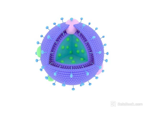 Virus 3D Model Structure With Purple Outer Shell Surface Projections And Inner Green Components 3d model