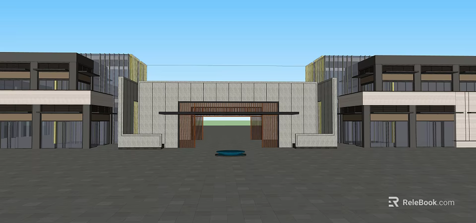 Modern Entrance Gate With Stone Wall Design And Front Water Feature Plaza 3d model 