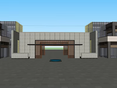 Modern Entrance Gate With Stone Wall Design And Front Water Feature Plaza 3d model