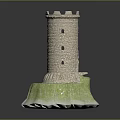 Brick Castle Tower Model With Battlemented Top And Green Grassy Base 3d model
