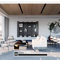 Modern Living Dining Room Interior With Wooden Ceiling Black Linear Lights And White Sofa