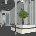 Modern Café Interior With Arched Structures Large Windows White Sofa Green Plant And Customers Relaxing