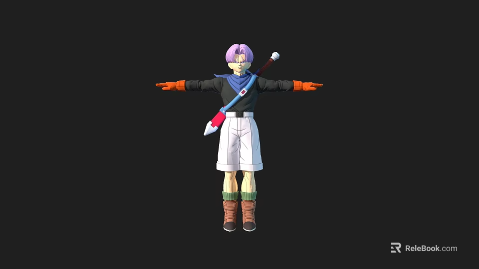3D Character With Purple Hair Black Top White Shorts Green Socks Arms Outstretched Standing Pose 3d model 