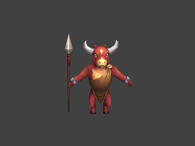 Red Ox Game and Movie Character With White Horns Holding Spear and Brown Garment 3d model