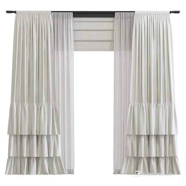 Elegant Modern Neutral Curtains With Layered Ruffles And Sheer Underlay Design 3d model 