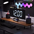 Wooden Desktop Shelf Setup With Monitor Keyboard Mouse Speakers Decorative Ornaments And Hexagon Lights