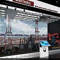 Oilfield Equipment Display With Derricks Oil Pumps Interactive Touchscreen And Mountain Landscape