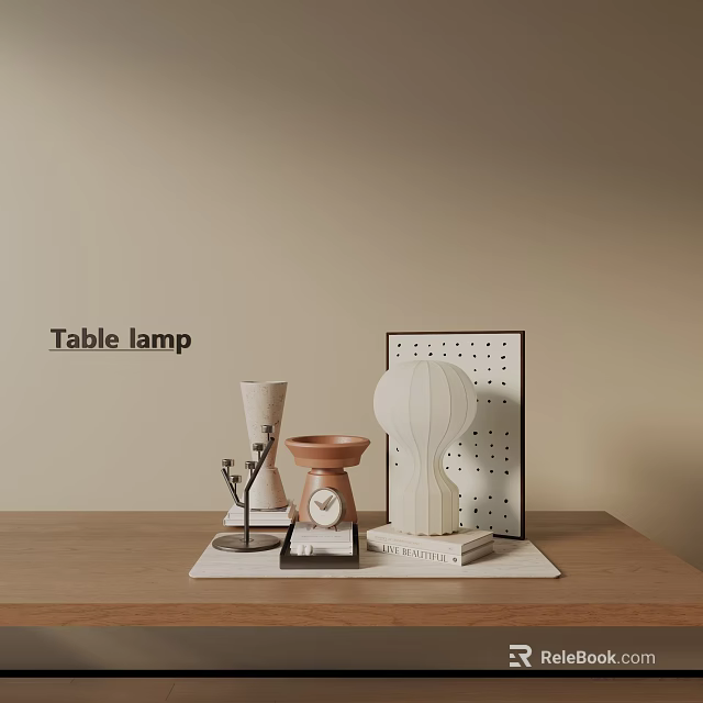 Minimalist Decorative Ornaments Set With Table Lamp White Shade Ornament Tall Vase And Perforated Frame 3d model 