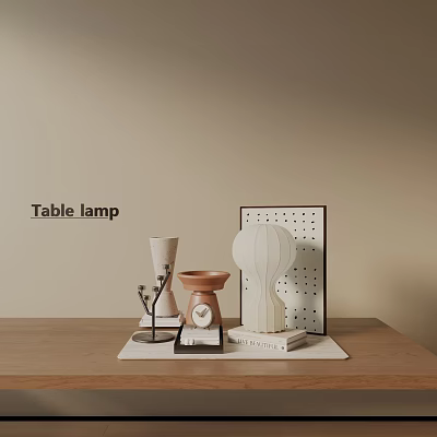 Minimalist Decorative Ornaments Set With Table Lamp White Shade Ornament Tall Vase And Perforated Frame 3d model