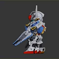 Chibi Style Anime Game Character With Silver Blue Red Armor Holding Weapons And Antenna