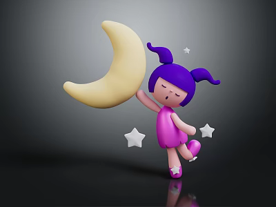 Cartoon Girl With Purple Pigtails Holding Crescent Moon And Stars 3d model