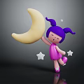 Cartoon Girl With Purple Pigtails Holding Crescent Moon And Stars