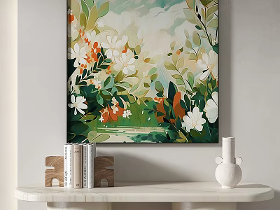 Colorful Floral Art Painting with Green Leaves White Orange Flowers Above Marble Table 3d model