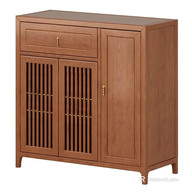 Traditional Solid Wood Shoe Cabinet With Slatted Doors And Upper Drawer Design 3d model 
